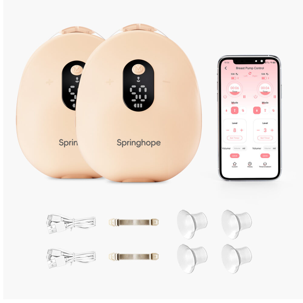 Springhope Electric Wearable Breast Pump No.538, App-control & Night light, Strong Suction with 3 Modes and 12 Levels, High-efficiency Breastfeeding Breast Pump，2 Pump