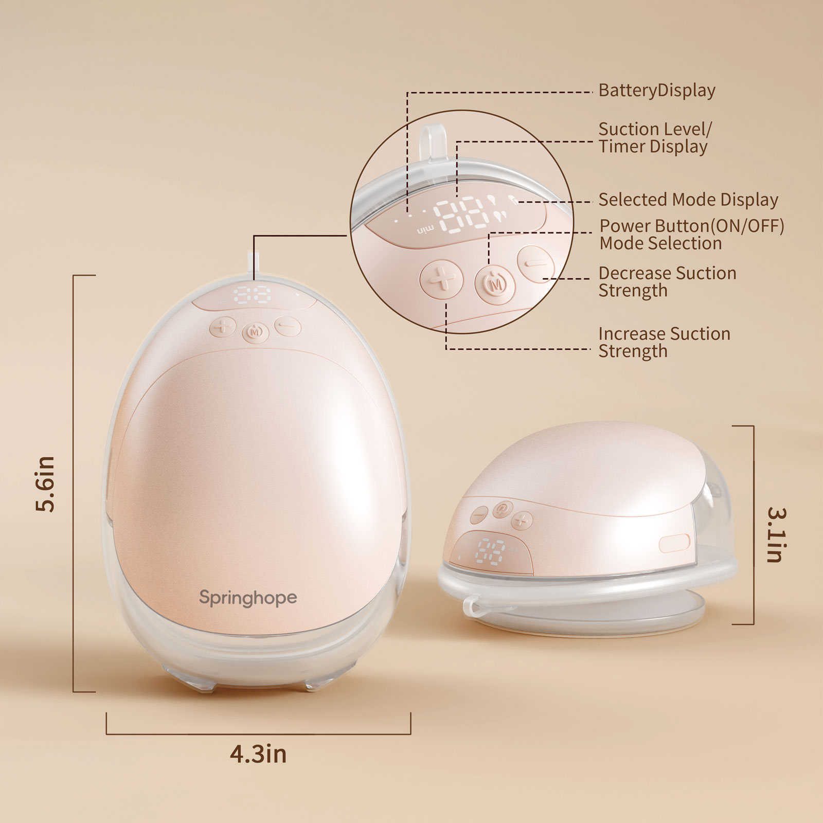 Springhope W08 Electric Breast Pump Hands-Free with 4 Modes Strong Suction, Smart Display APP Control, Wearable Double Breastfeeding Pump Portable, 19,21,24,28mm, 2 Pump - Image 7
