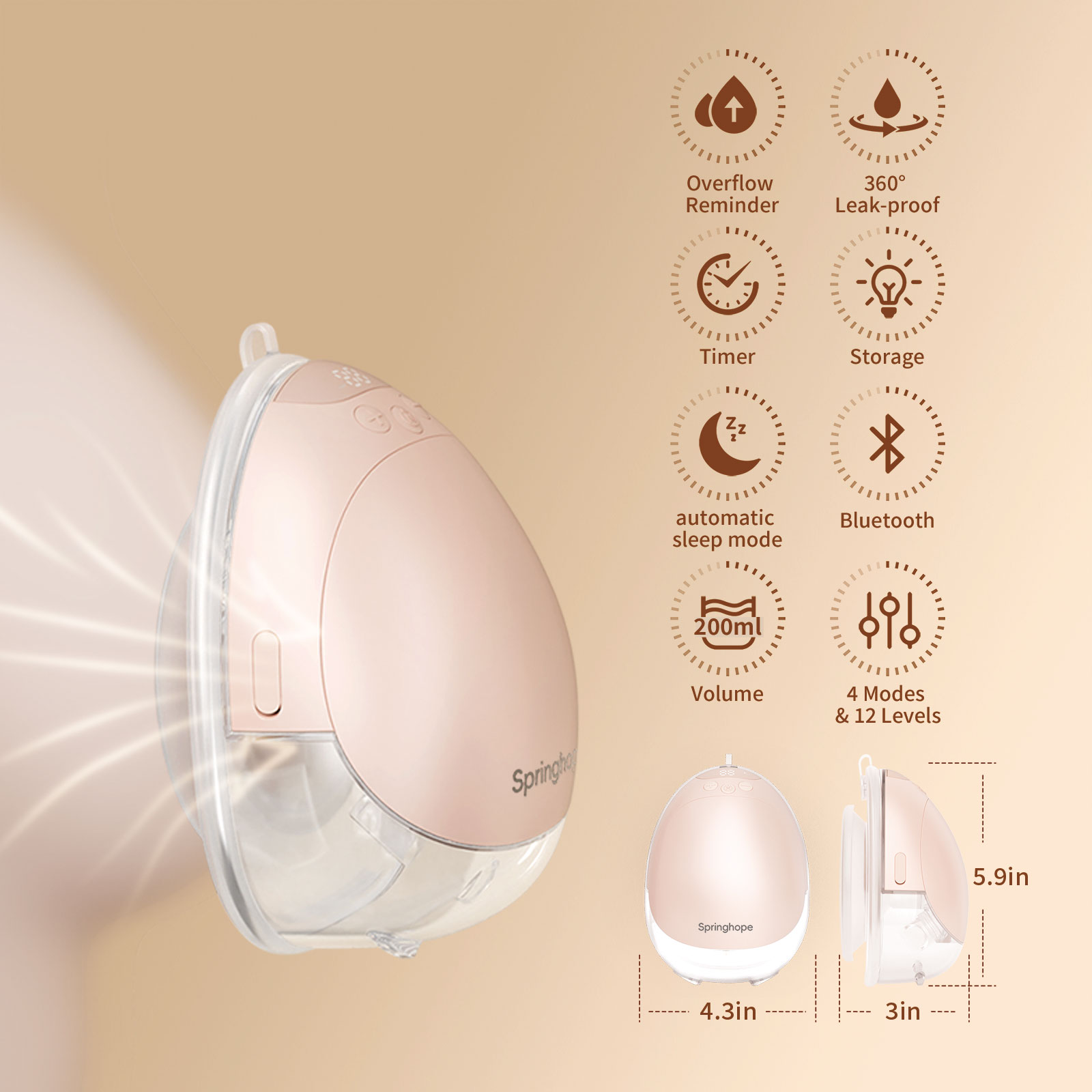 Springhope W08 Electric Breast Pump Hands-Free with 4 Modes Strong Suction, Smart Display APP Control, Wearable Double Breastfeeding Pump Portable, 19,21,24,28mm, 2 Pump - Image 4